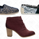Gold Navy Crochet Glitter Women’s Classics, $38 | TOMS x Prabal Gurung White Snow Leopard Women’s PG Classics, $39 | Oxblood Burnished Suede Women’s Lunata Lace-Up Booties, $30